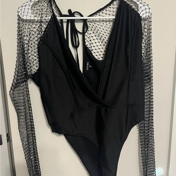 NWOT Black Mesh With Jewel Sleeve Bodysuit - Picture 1 of 4